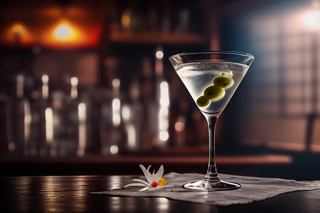 Martini cocktail and a flower on a napkin, sitting on a bartop.