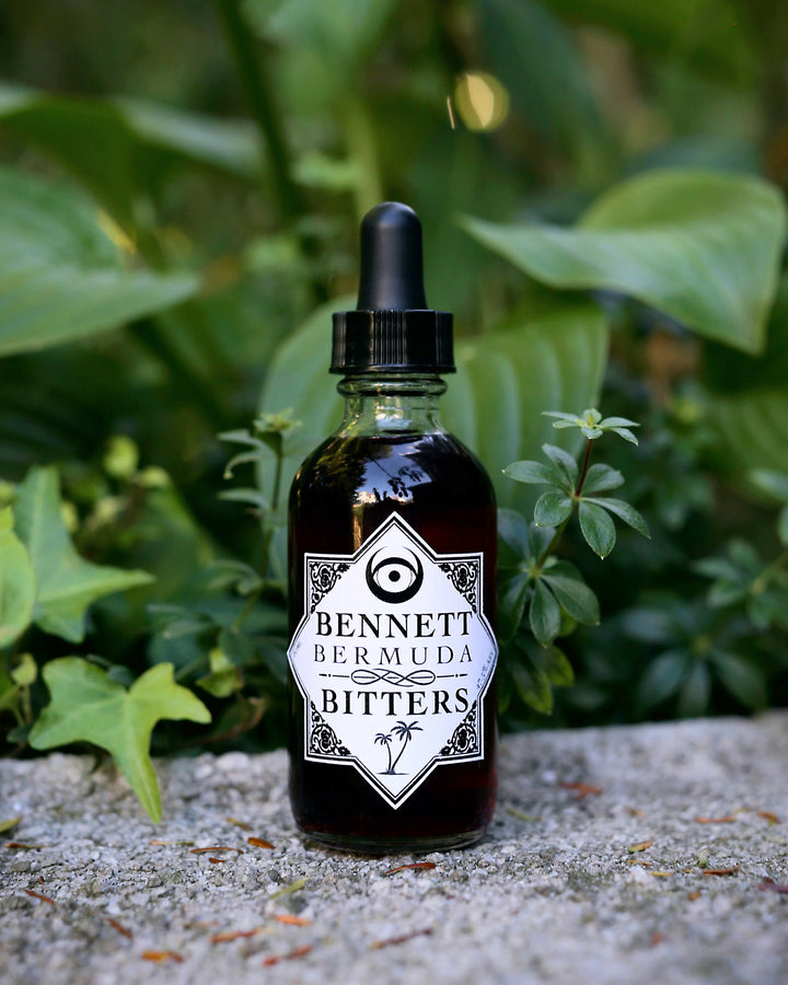 Tropical Bermuda Bitters bottle by Bennett Bitters, on a stone wall in a garden.
