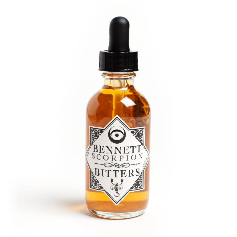 A bottle of Spicy Scorpion Bitters by Bennett Bitters.