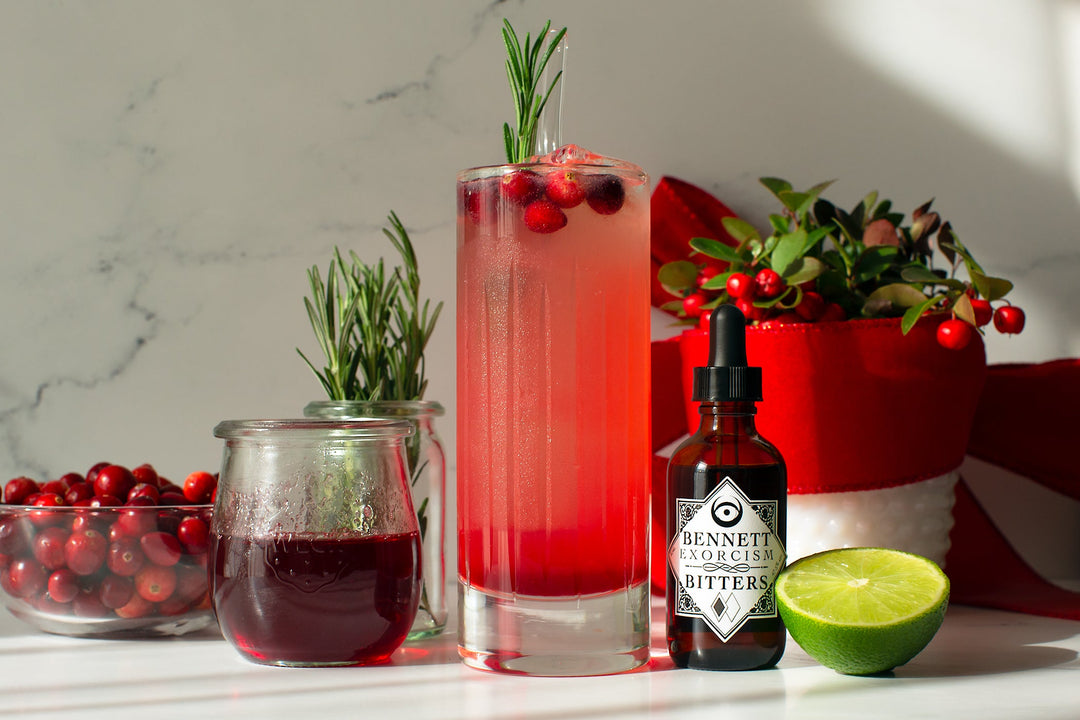 Cranberry Moscow mule in collins glass surrounded by Bennett Exorcism Bitters, lime, and cranberry syrup with rosemary and a wintergreen plant in the background.