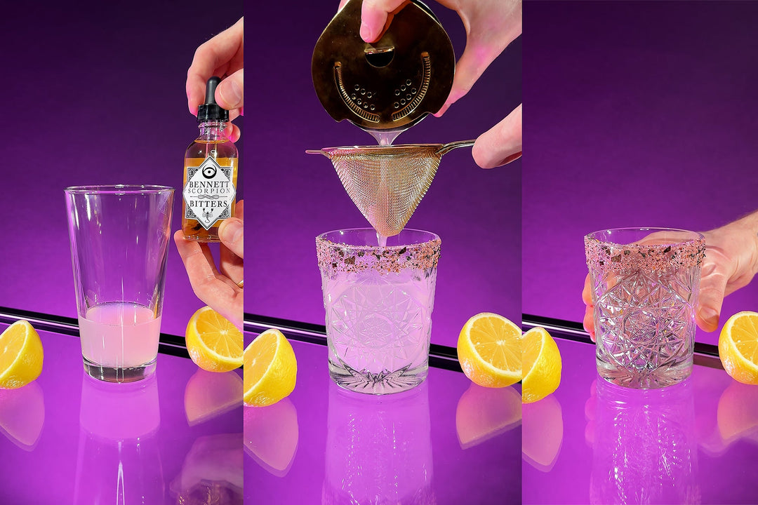 A triptych of three stages of building a Silencio mezcal margarita. 