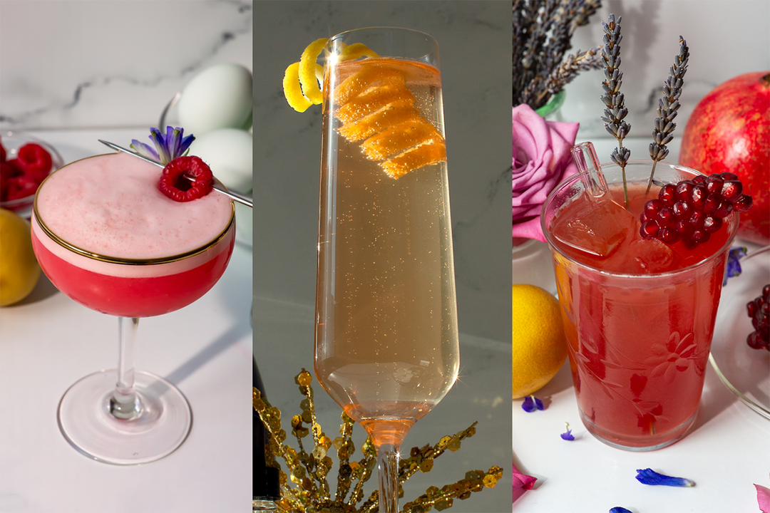 Valentine's Day Cocktails made with Bennett Bitters, featuring a pink champagne cocktail in the center, flanked by two red fruity cocktails.