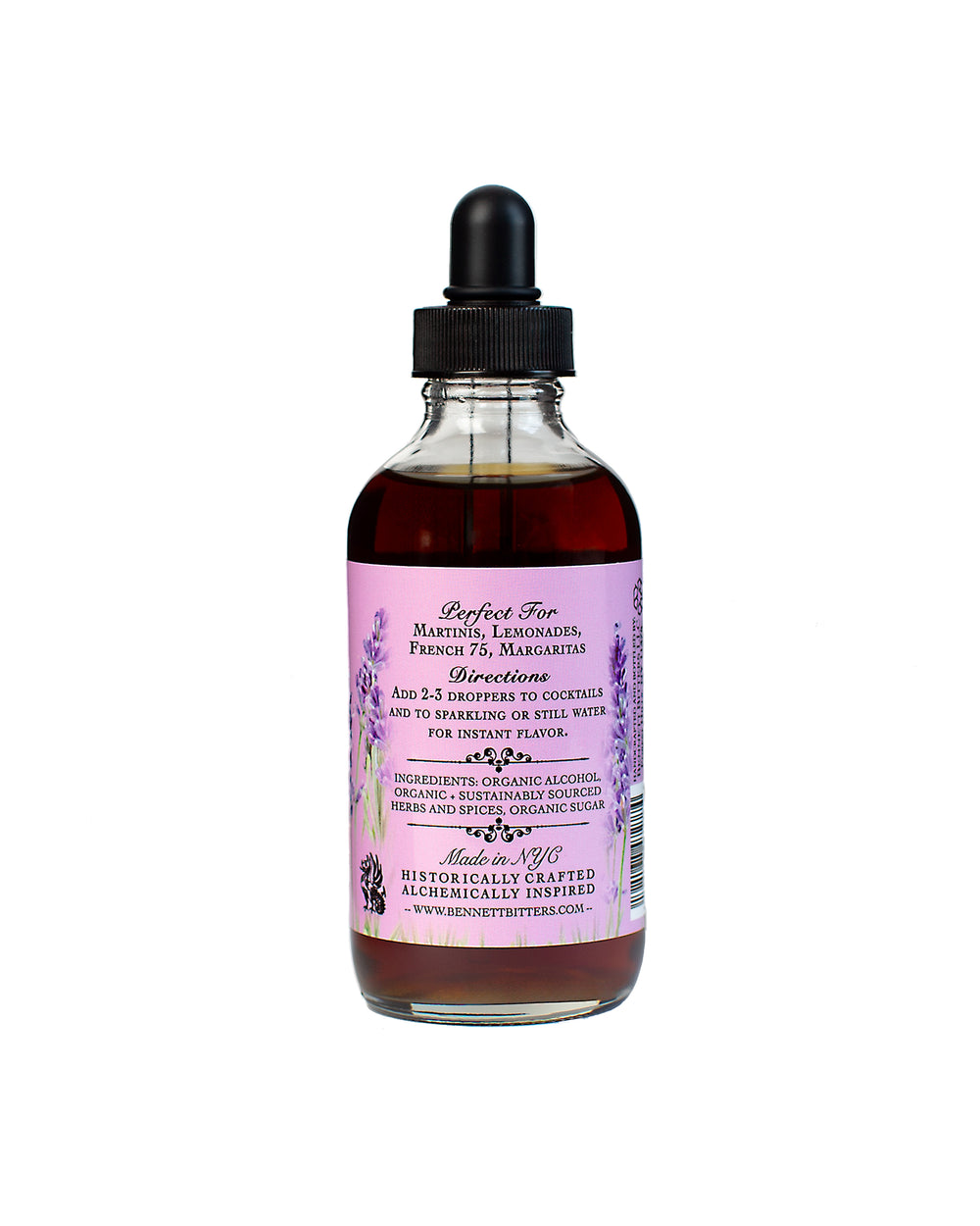 Back label of 4 oz bottle of Lavender Fields Bitters.