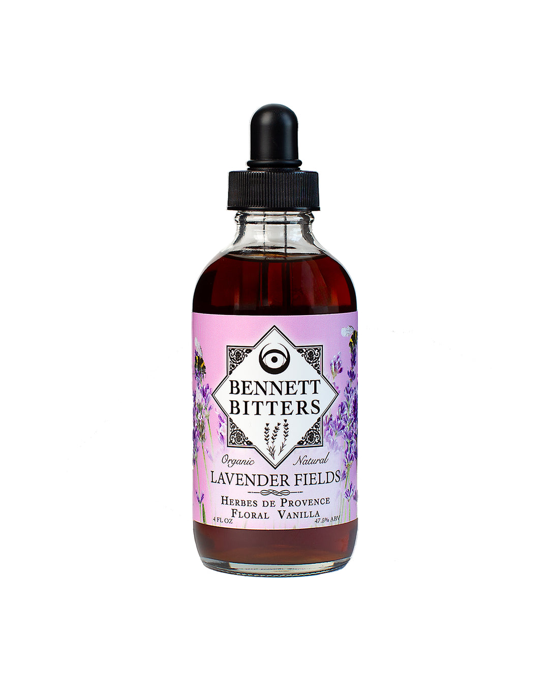 Front label of 4 oz bottle of Lavender Fields Bitters.