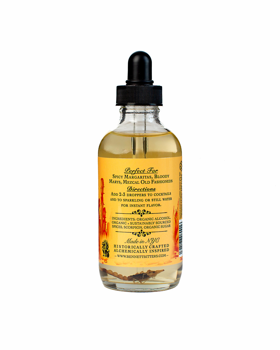 Back label of 4 oz bottle of Scorpion Bitters.