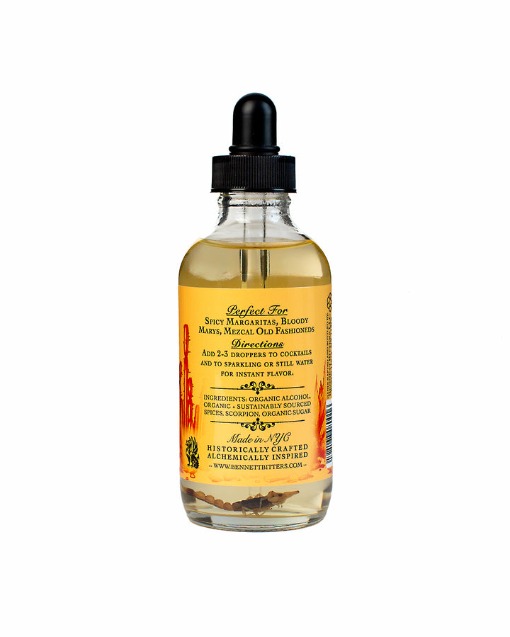 Back label of 4 oz bottle of Scorpion Bitters.