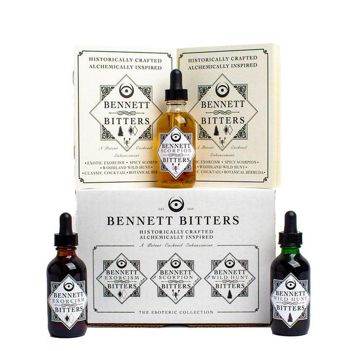 The Esoteric Collection; Exorcism Bitters, Scorpion Bitters, and Wild Hunt Bitters by Bennett Bitters, booklets and box.
