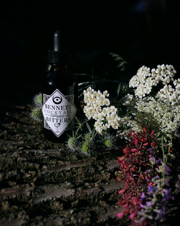 Old Fashioned Cocktail Bitters bottle by Bennett Bitters with flowers, on a log in a garden.